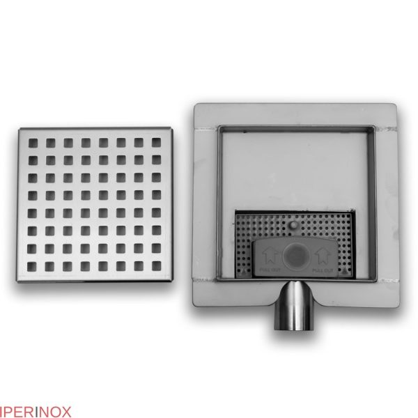 Piletta doccia con griglia square, scarico laterale, in acciaio inox, 150x150 mm - Iperinox